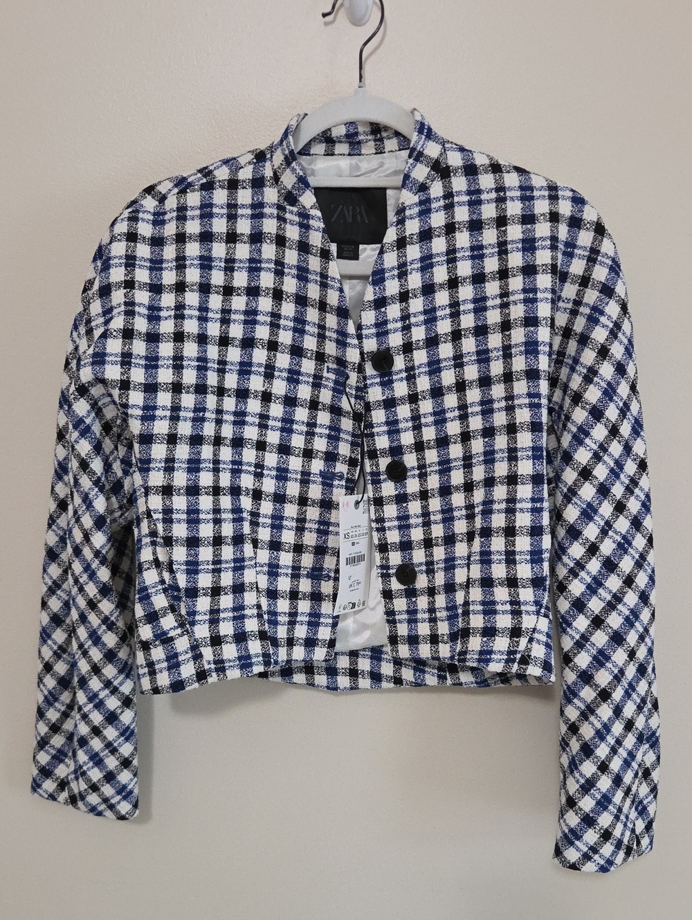 ZARA White & Navy Checked Collarless Cropped Blazer